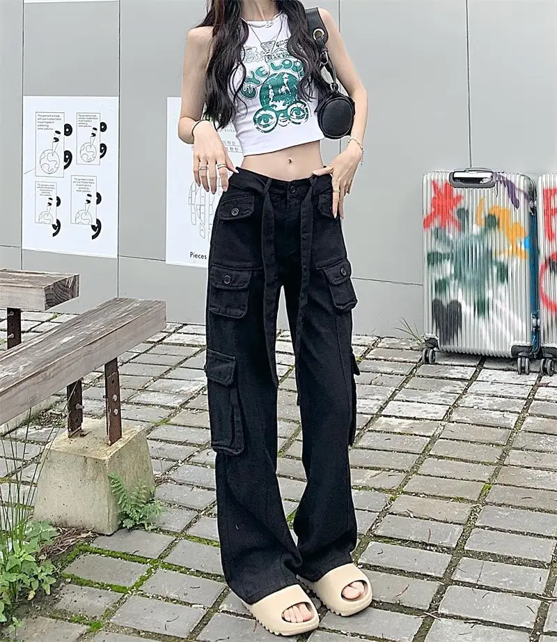 2022 Women's Black Cargo Pants Loose Straight Leg Cool Streetwear — feature 56