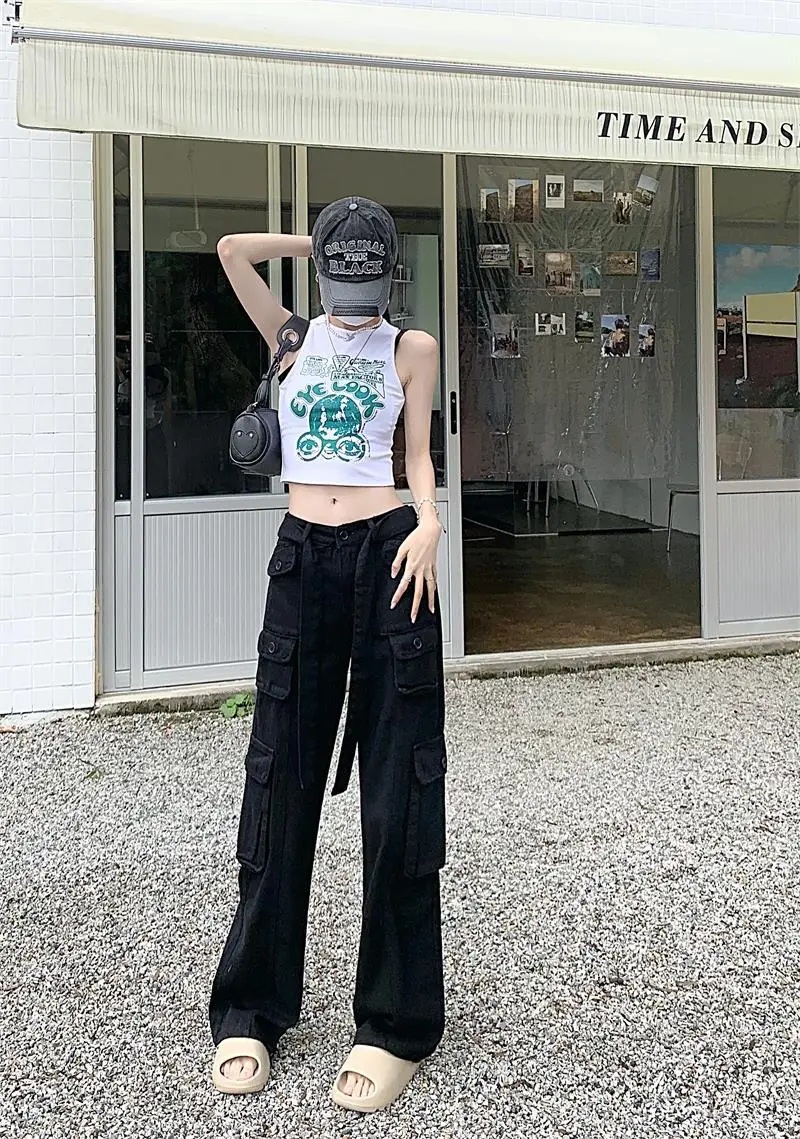 2022 Women's Black Cargo Pants Loose Straight Leg Cool Streetwear — feature 57