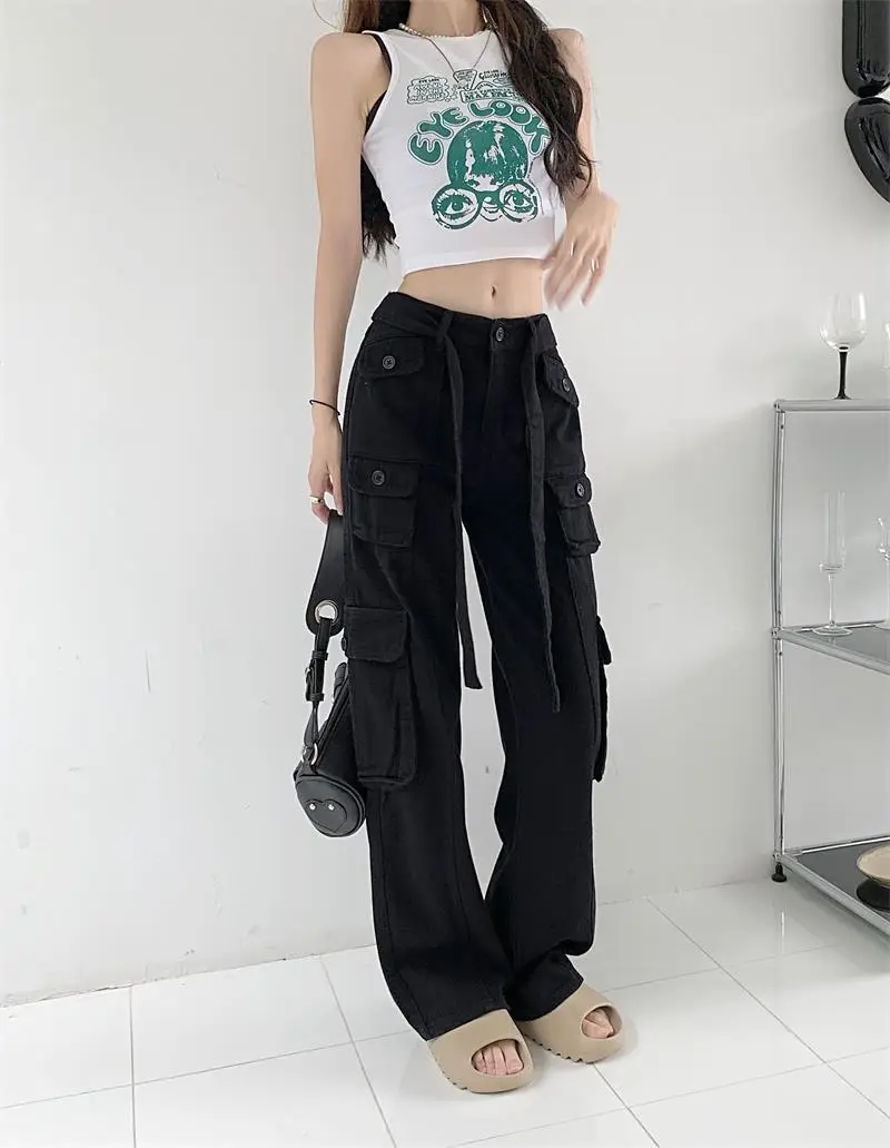 2022 Women's Black Cargo Pants Loose Straight Leg Cool Streetwear — feature 58