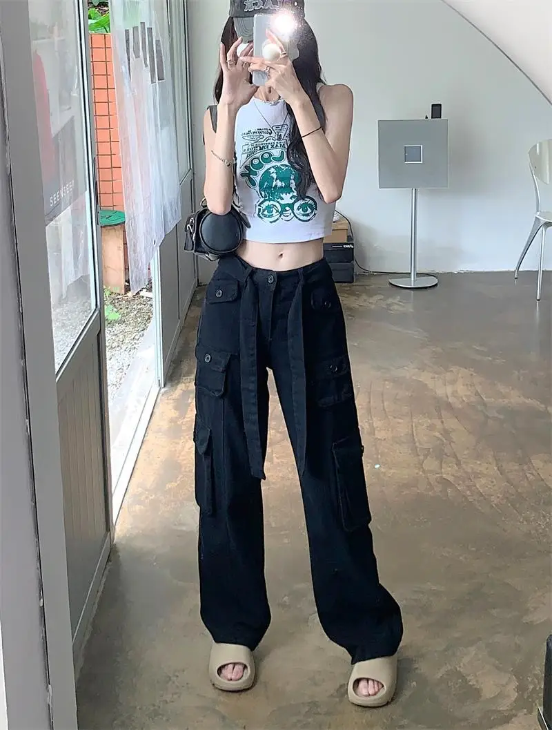 2022 Women's Black Cargo Pants Loose Straight Leg Cool Streetwear — feature 59