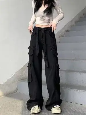 2022 Women's Black Cargo Pants Loose Straight Leg Cool Streetwear - Image 2