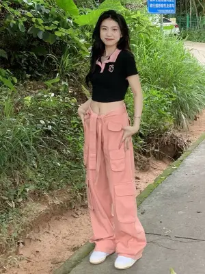 2022 Women's Black Cargo Pants Loose Straight Leg Cool Streetwear - Image 3