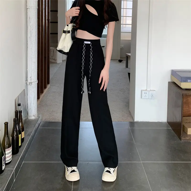 Black Elastic Drawstring Casual Pants for Women 2022 — feature 17