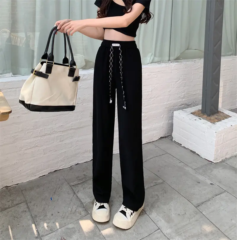 Black Elastic Drawstring Casual Pants for Women 2022 — feature 22