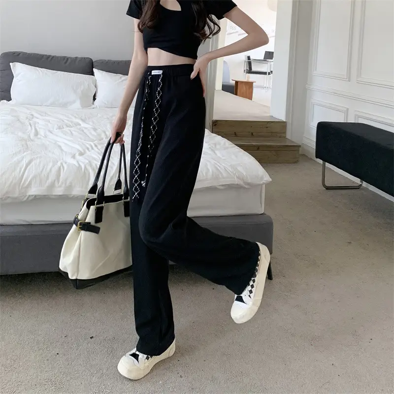 Black Elastic Drawstring Casual Pants for Women 2022 — feature 23