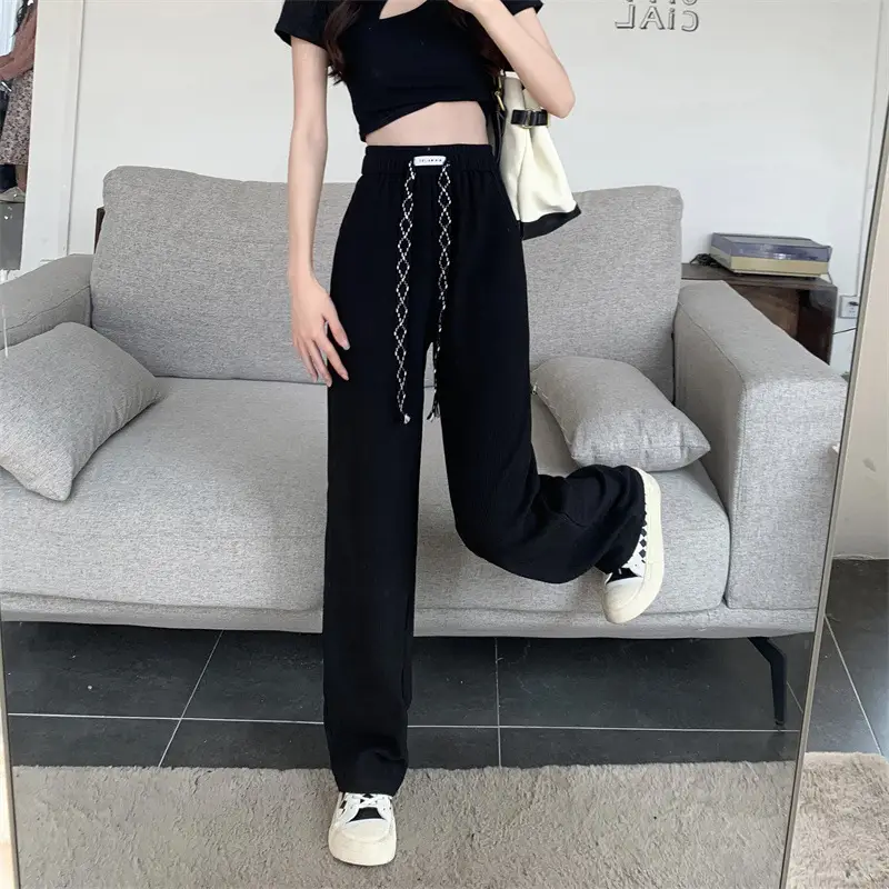Black Elastic Drawstring Casual Pants for Women 2022 — feature 25