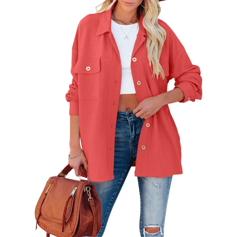 Women's Red Corduroy Casual Shirt with Button Front - Image 9