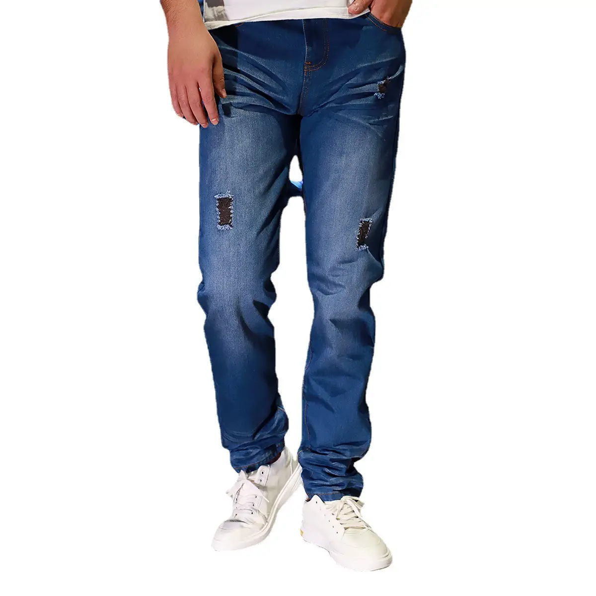 Men's Ripped European Jeans Straight Fit White Sneakers