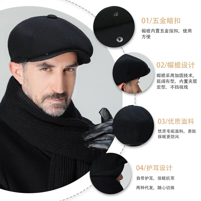 Men Winter Cap Hat Warm Ear Protection Monochrome - Image 5