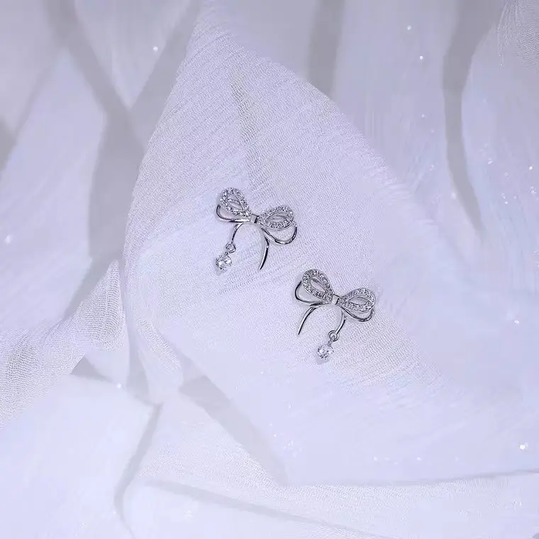 S925 Sterling Silver Bow Stud Earrings with Diamonds - Image 3