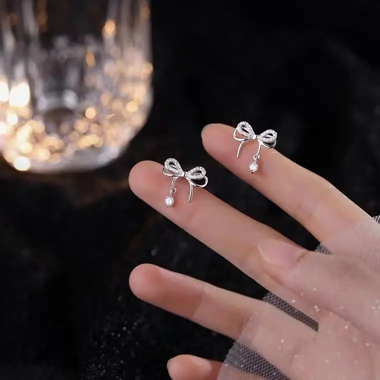 S925 Sterling Silver Bow Stud Earrings with Diamonds - Image 4