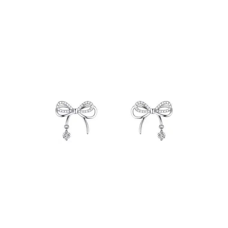 S925 Sterling Silver Bow Stud Earrings with Diamonds - Image 5