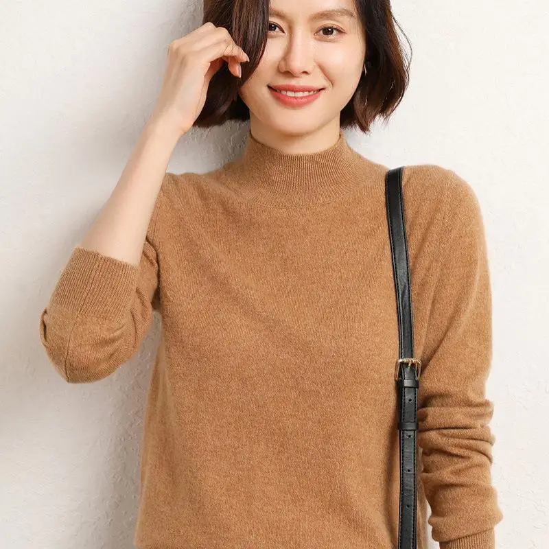 Women's 2025 Knit Half-Turtleneck Sweater Brown - Image 7