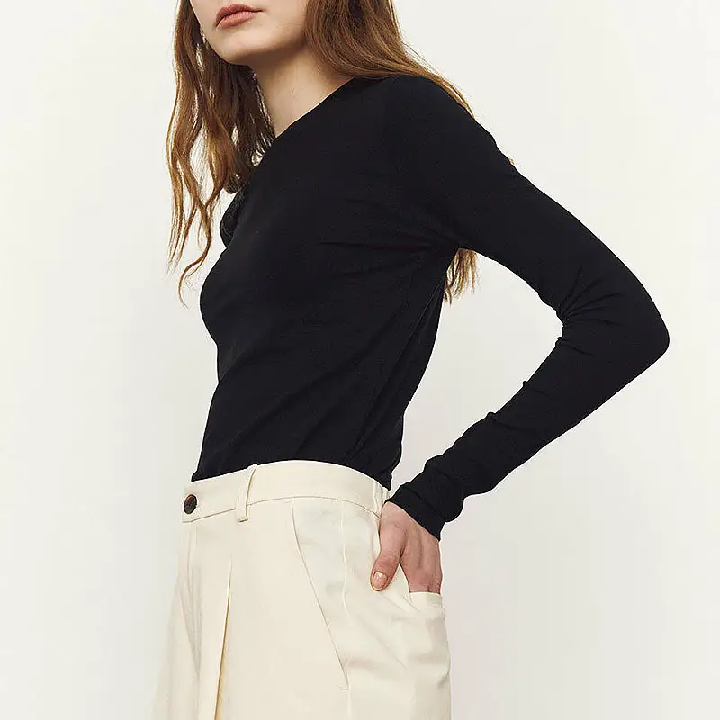 Women's Black Slim Fit Bamboo T-Shirt for Spring Autumn - Image 4