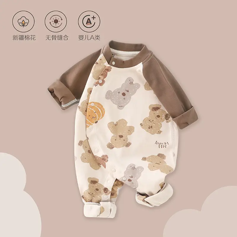 Baby Boneless Cotton Jumpsuit Brown Bear Print Long Sleeve