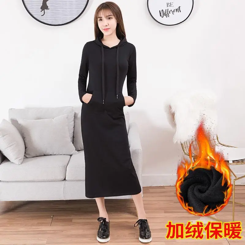 Women Cotton Knee Length Sweat Dress Large Black — feature 17