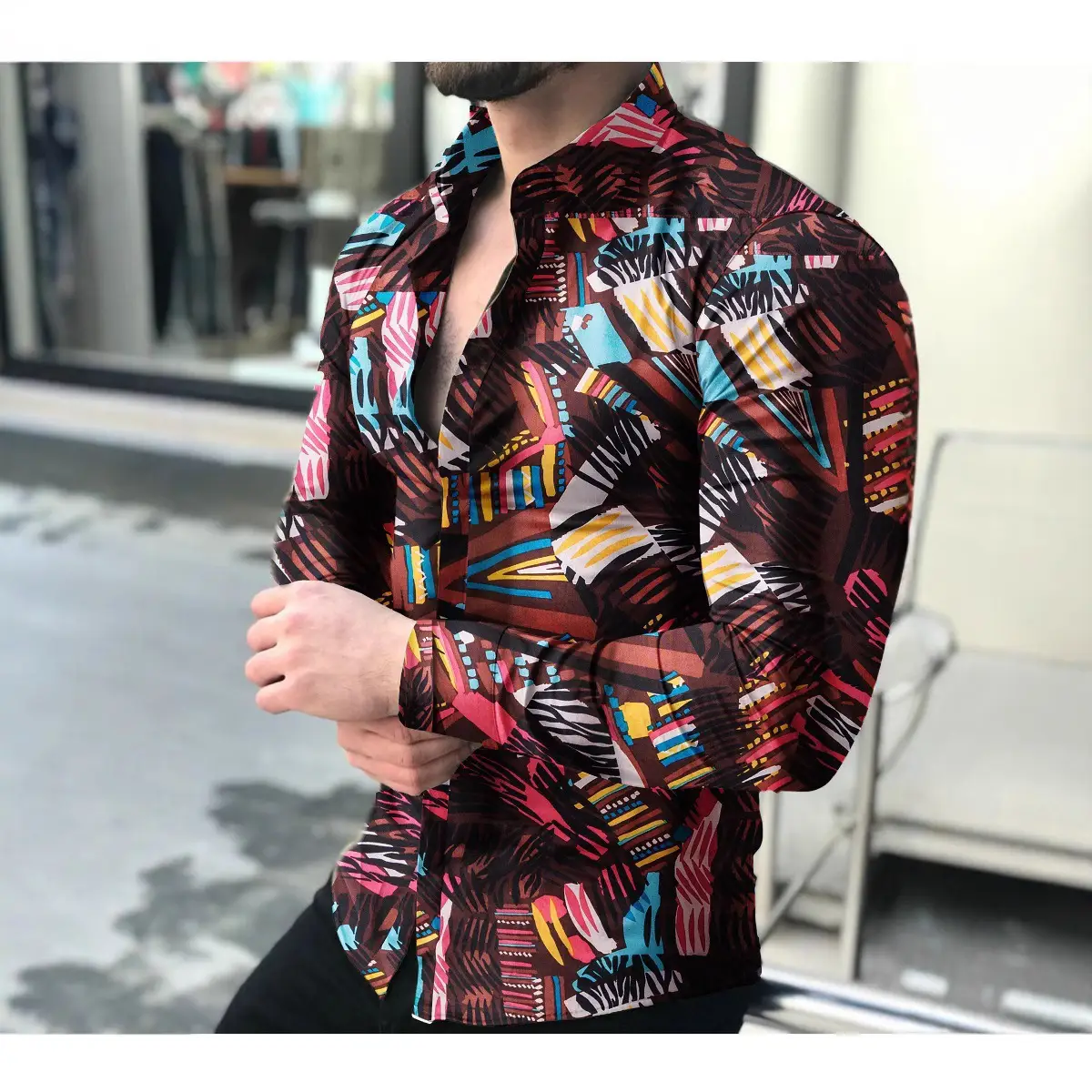Men Printed Long Sleeve Shirt Black Floral Large - Image 18