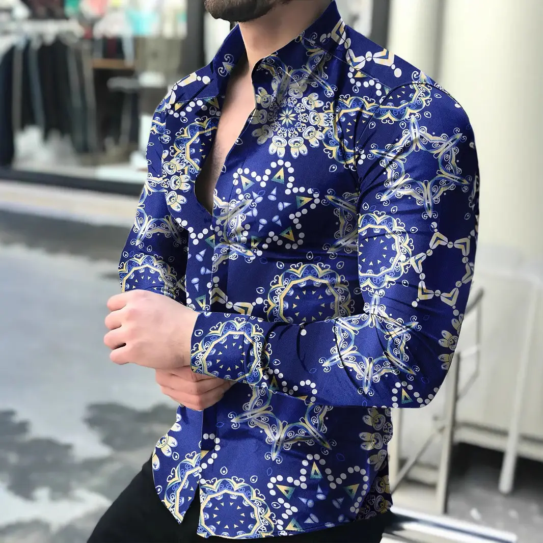 Men Printed Long Sleeve Shirt Black Floral Large - Image 19