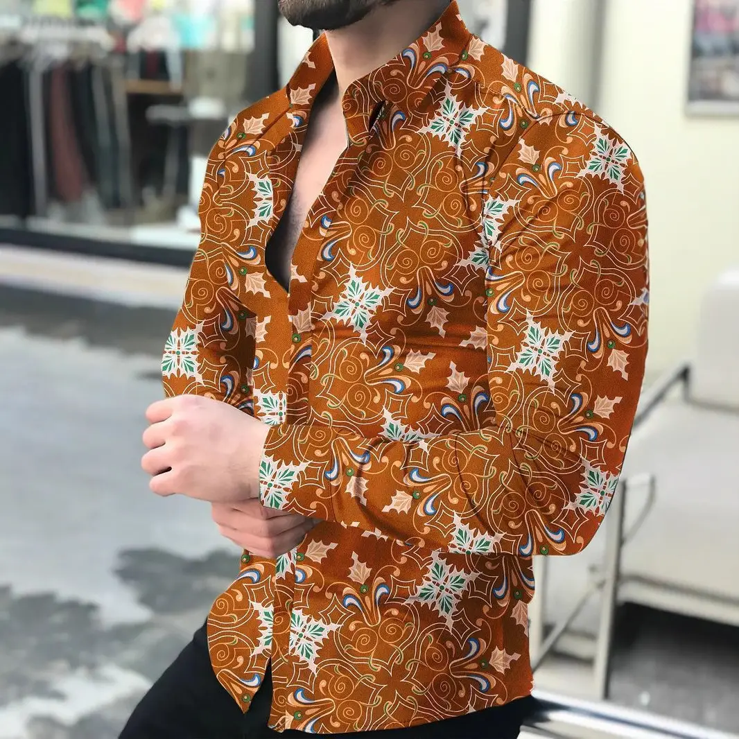 Men Printed Long Sleeve Shirt Black Floral Large - Image 20