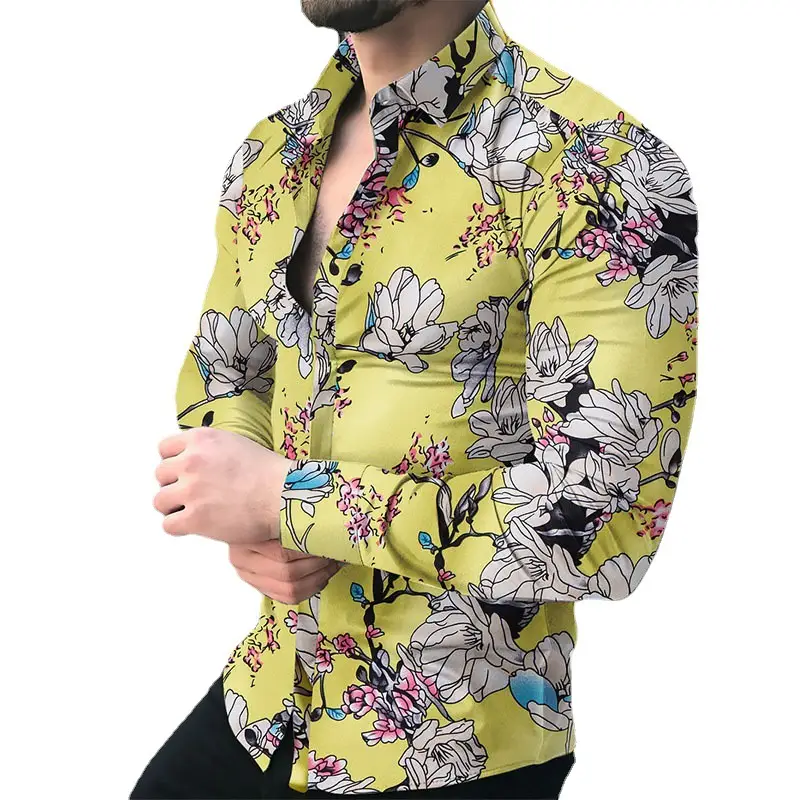 Men Printed Long Sleeve Shirt Black Floral Large - Image 21