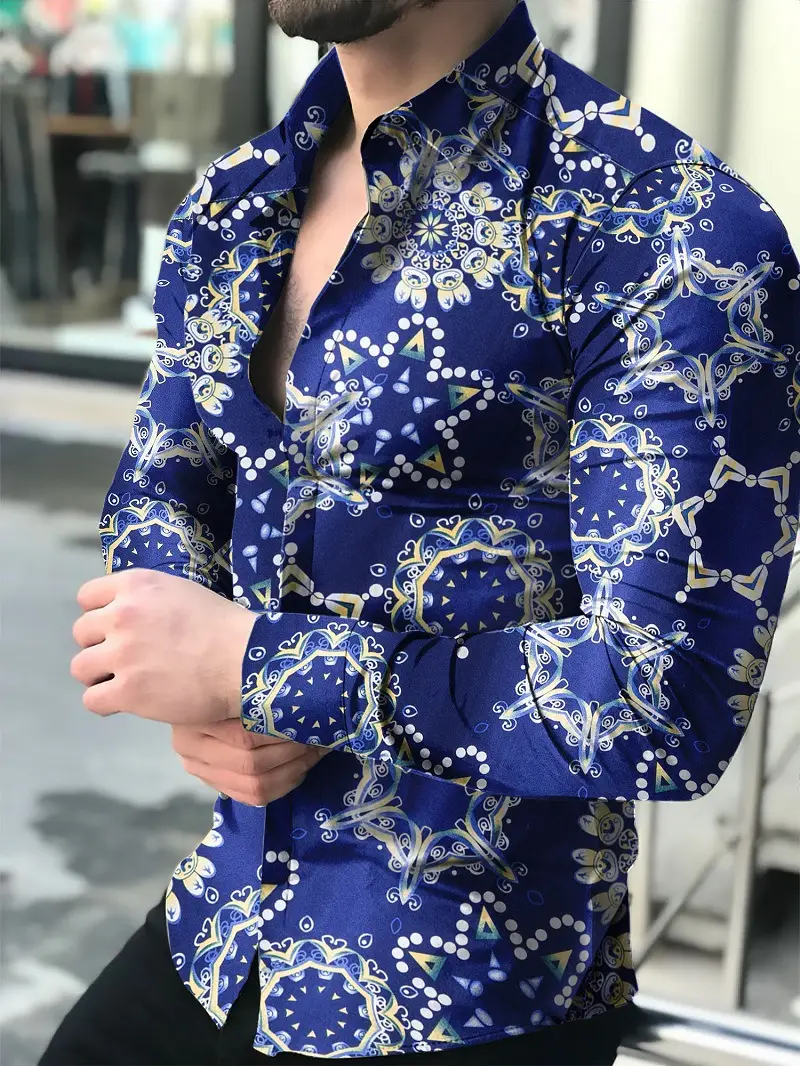 Men Printed Long Sleeve Shirt Black Floral Large - Image 11