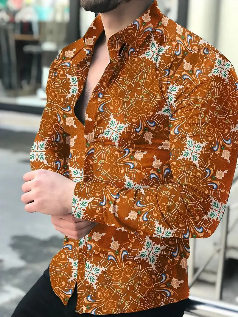 Men Printed Long Sleeve Shirt Black Floral Large - Image 13