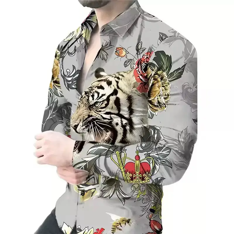 Men Printed Long Sleeve Shirt Black Floral Large - Image 16