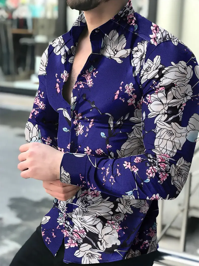 Men Printed Long Sleeve Shirt Black Floral Large - Image 2