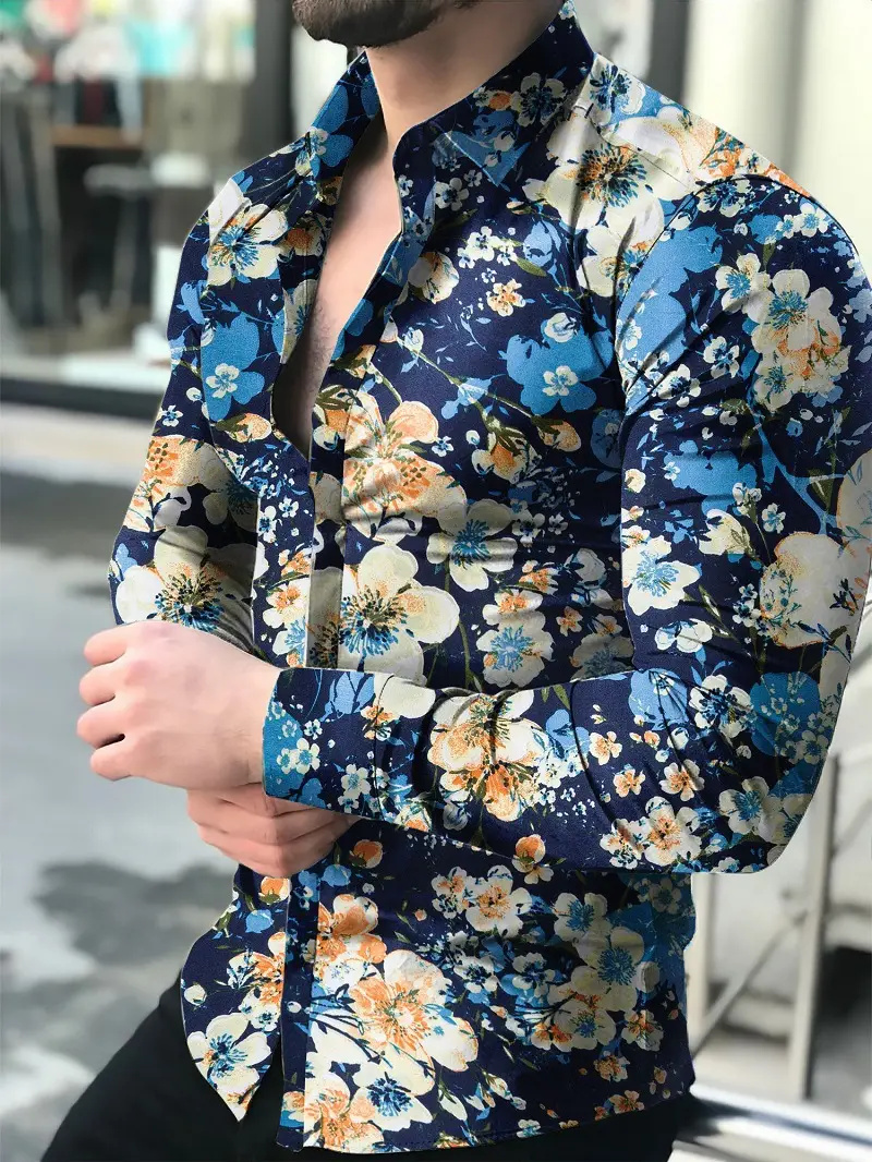 Men Printed Long Sleeve Shirt Black Floral Large - Image 4