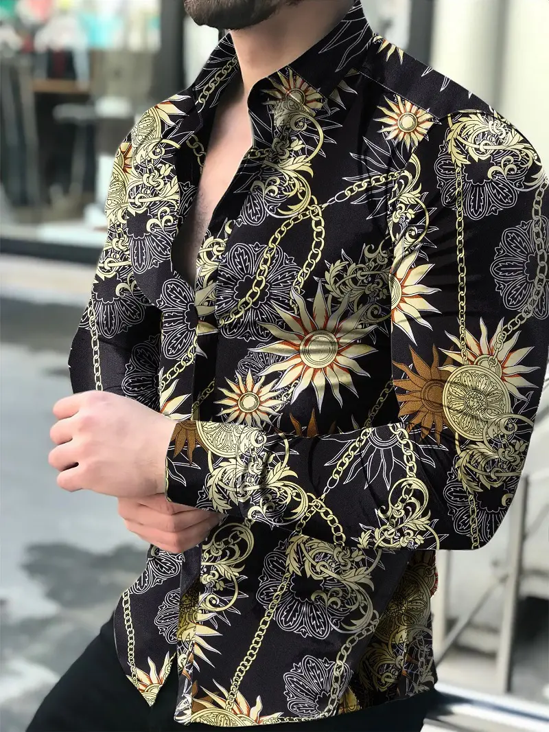 Men Printed Long Sleeve Shirt Black Floral Large - Image 5