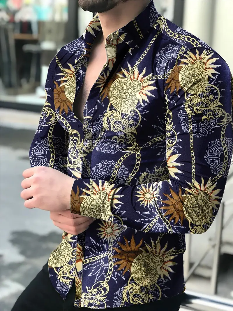 Men Printed Long Sleeve Shirt Black Floral Large - Image 6