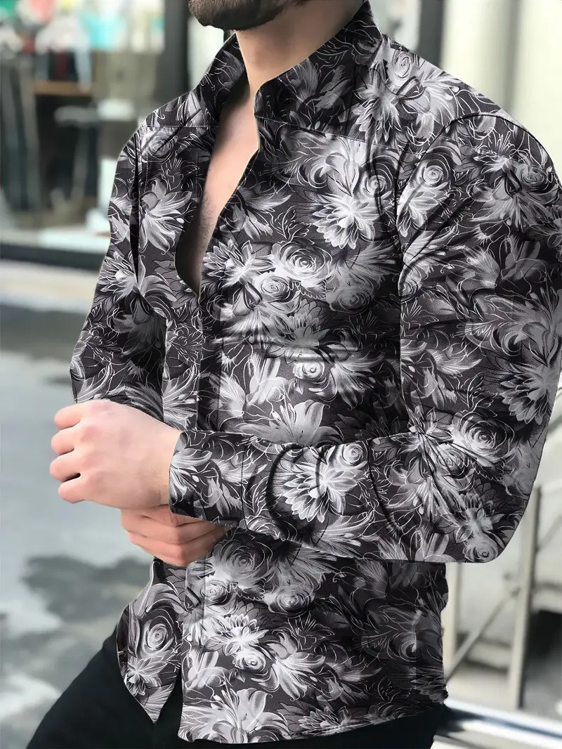 Men Printed Long Sleeve Shirt Black Floral Large - Image 7