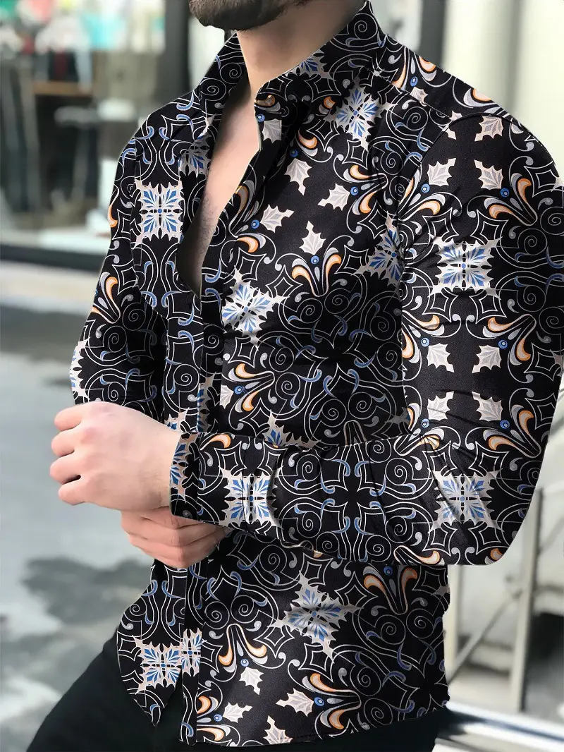Men Printed Long Sleeve Shirt Black Floral Large - Image 8