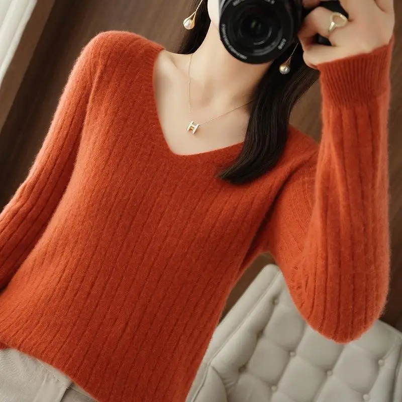 Women's V-Neck Knitted Sweater Base Wool 2024 Autumn - Image 7