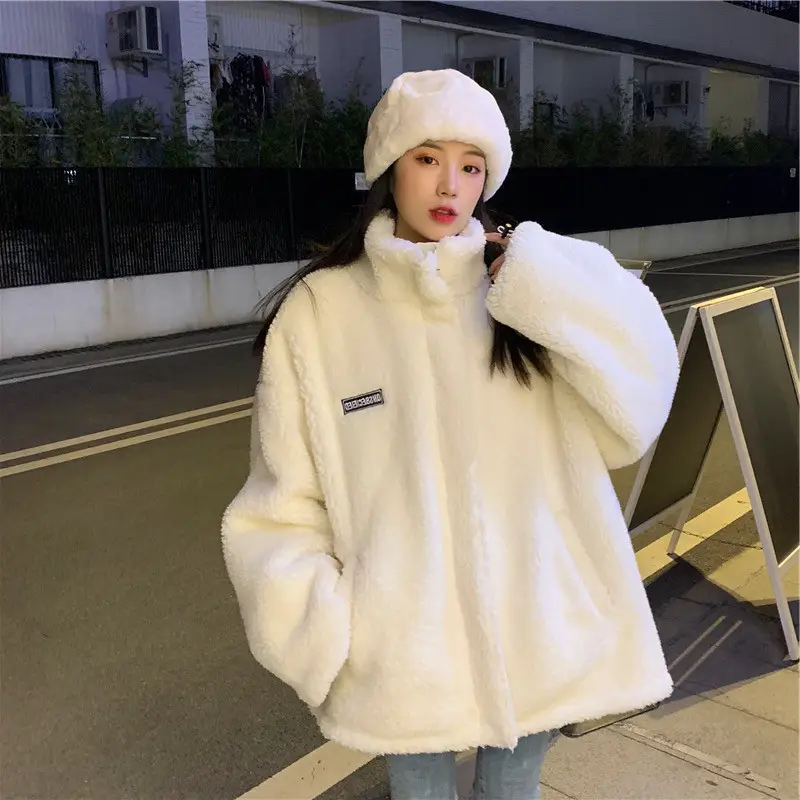 White Plush Women's Winter Jacket with High Neck - Image 4