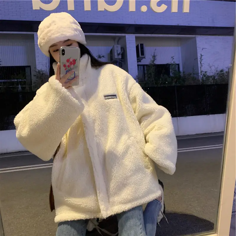 White Plush Women's Winter Jacket with High Neck - Image 5