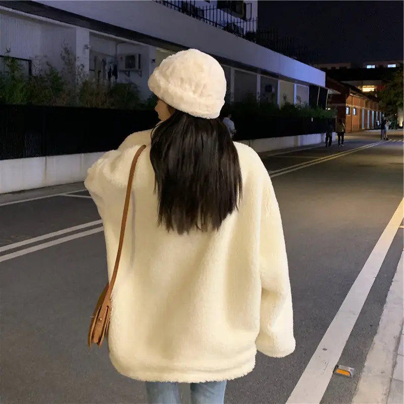 White Plush Women's Winter Jacket with High Neck — feature 11