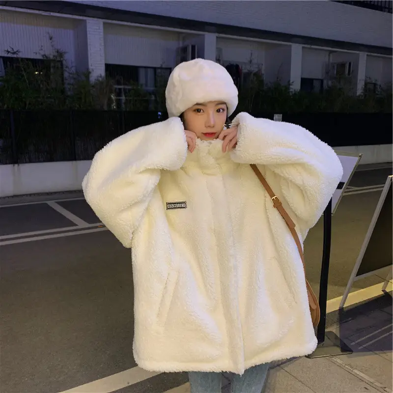 White Plush Women's Winter Jacket with High Neck — feature 2