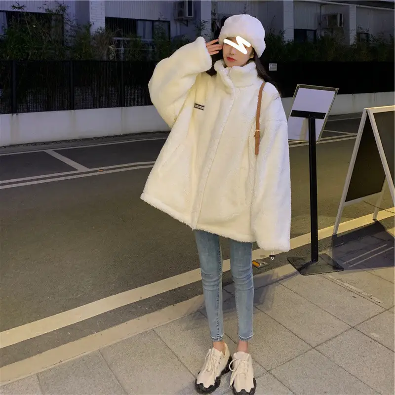 White Plush Women's Winter Jacket with High Neck — feature 4