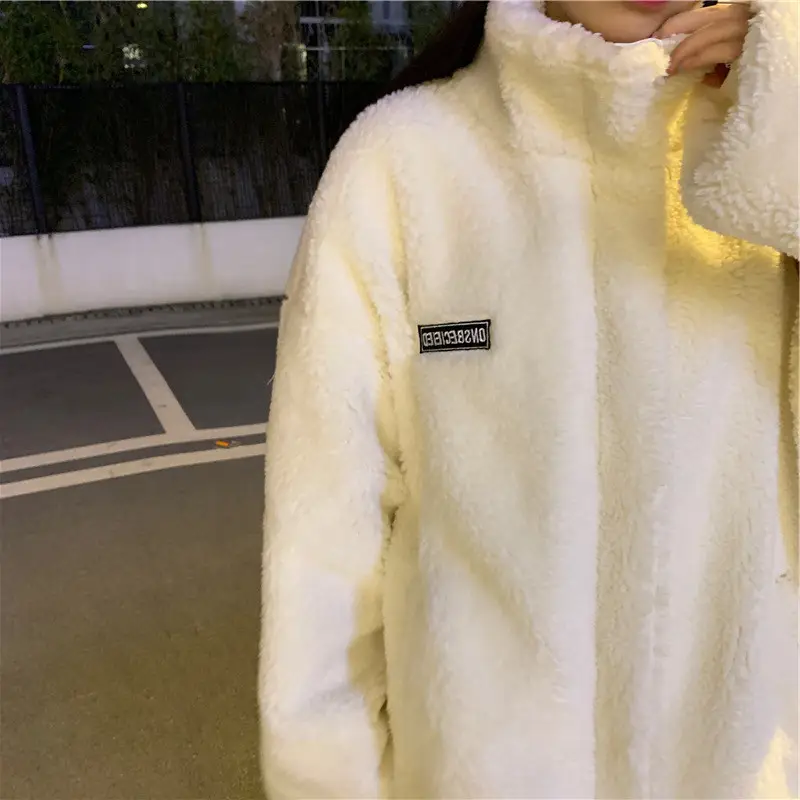 White Plush Women's Winter Jacket with High Neck — feature 6