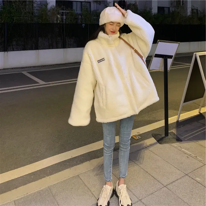 White Plush Women's Winter Jacket with High Neck — feature 7