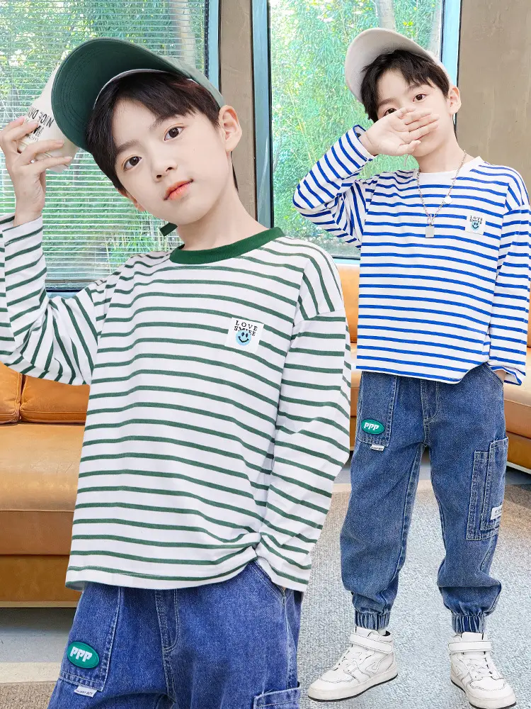Kids Striped Long Sleeve T-Shirt Blue White Cotton Round Neck - Image 4