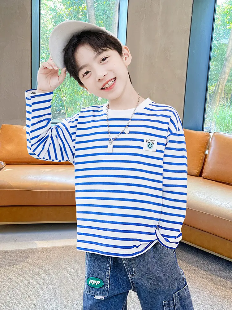 Kids Striped Long Sleeve T-Shirt Blue White Cotton Round Neck - Image 5
