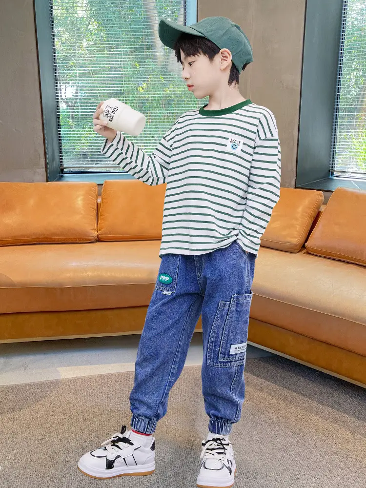 Kids Striped Long Sleeve T-Shirt Blue White Cotton Round Neck - Image 6