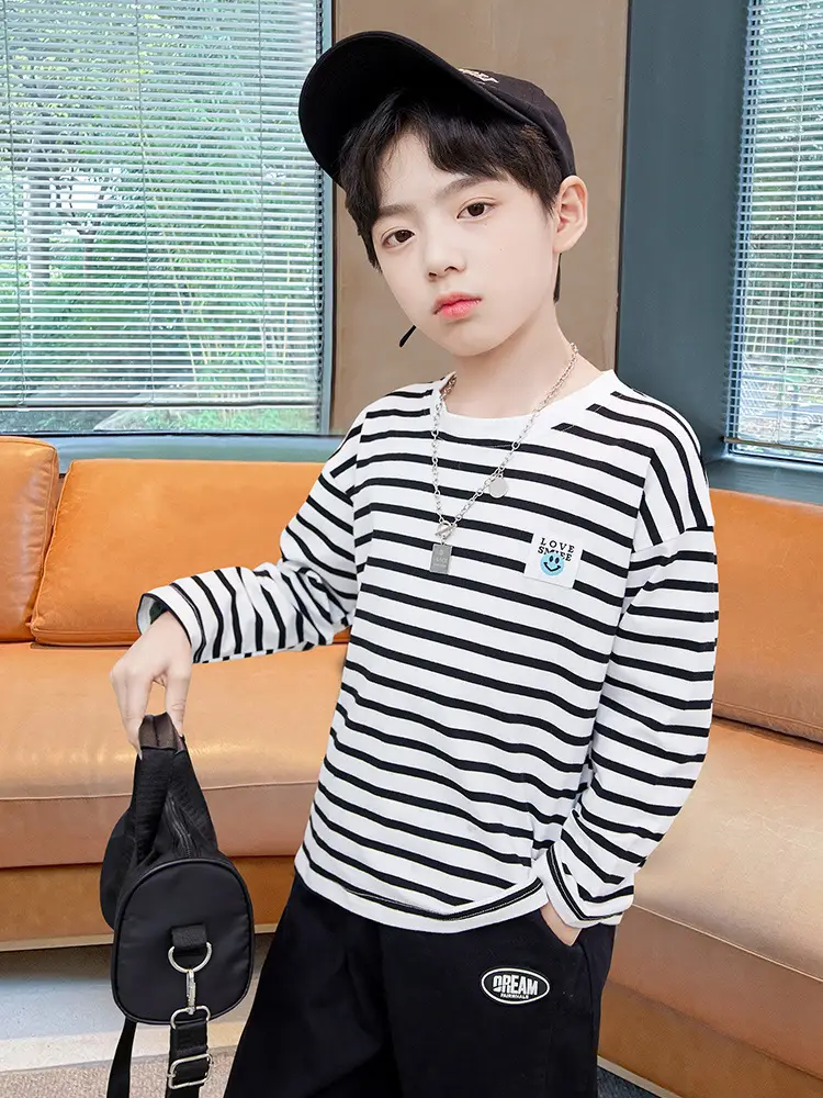 Kids Striped Long Sleeve T-Shirt Blue White Cotton Round Neck - Image 7