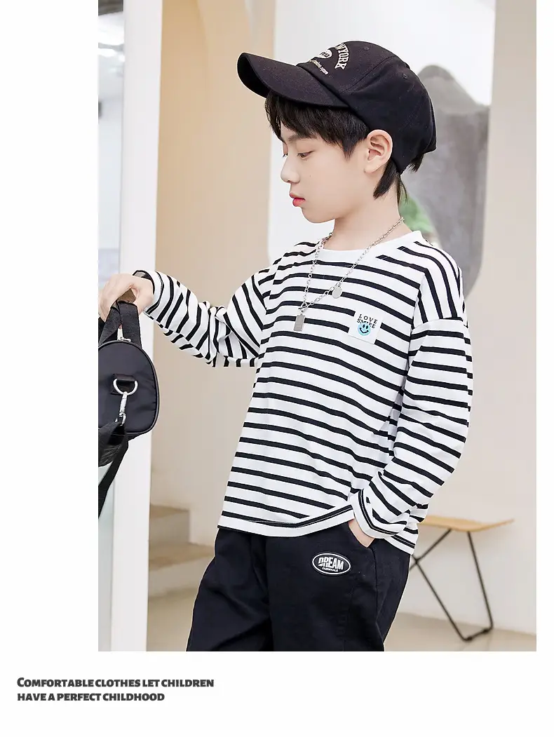 Kids Striped Long Sleeve T-Shirt Blue White Cotton Round Neck — feature 10
