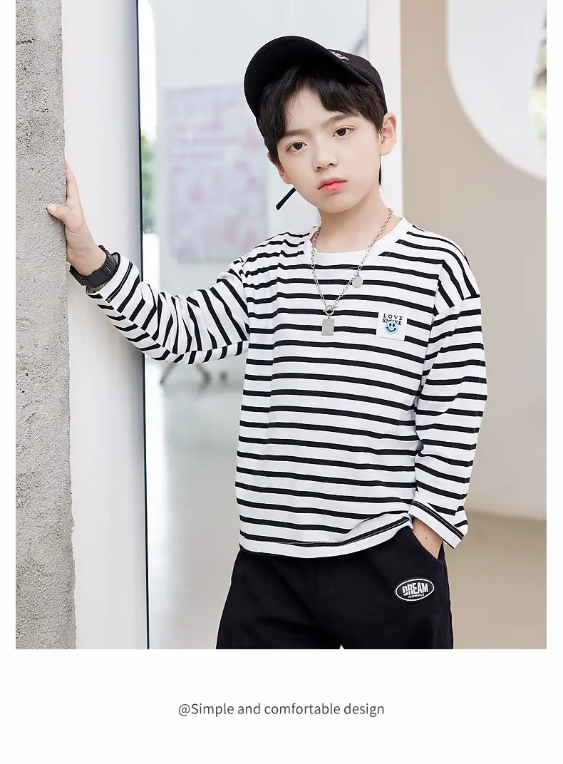 Kids Striped Long Sleeve T-Shirt Blue White Cotton Round Neck — feature 11