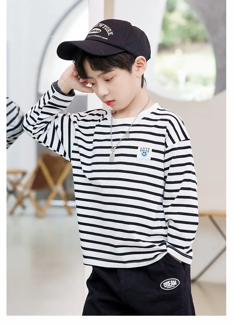 Kids Striped Long Sleeve T-Shirt Blue White Cotton Round Neck — feature 12