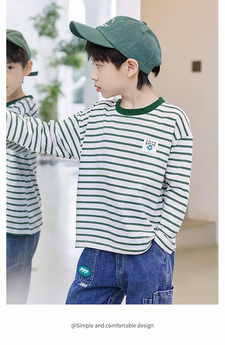 Kids Striped Long Sleeve T-Shirt Blue White Cotton Round Neck — feature 13