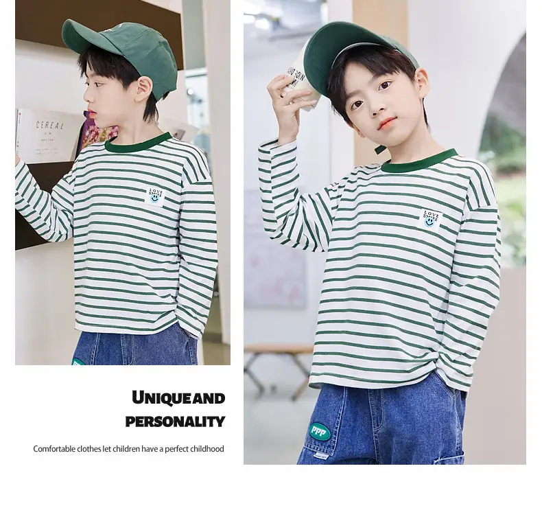 Kids Striped Long Sleeve T-Shirt Blue White Cotton Round Neck — feature 14
